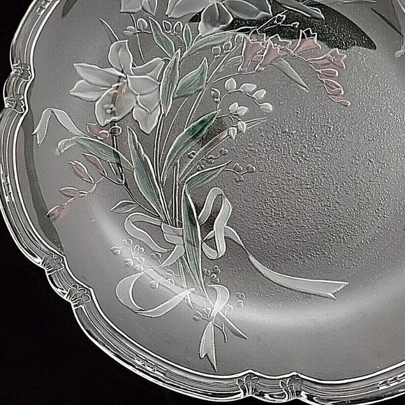 Elegant Clear Glass Large 14 1/2" Platter Serving Plate Etched Colored Flowers - Picture 4 of 4
